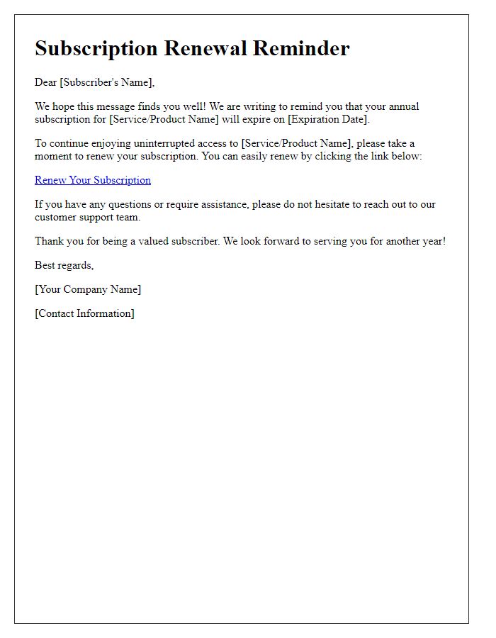 Letter template of annual subscription renewal reminder.