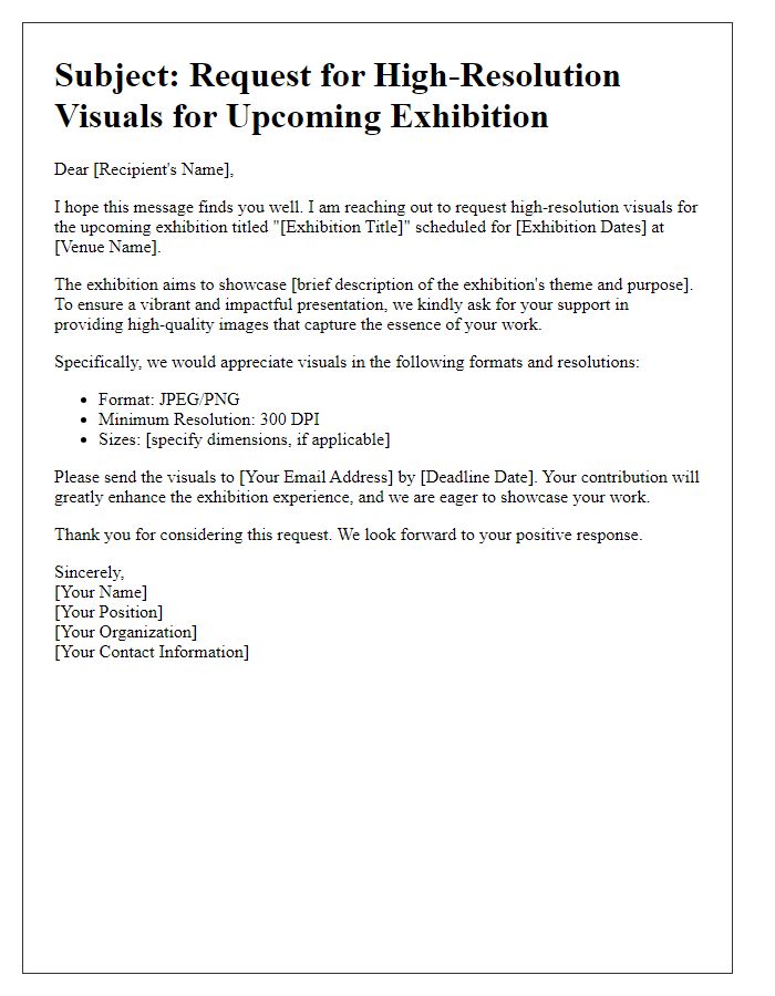 Letter template of appeal for high-resolution visuals for an exhibition.