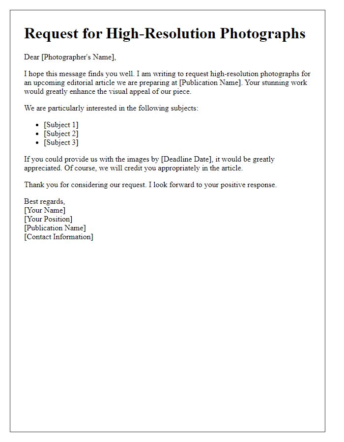 Letter template of request for high-resolution photographs for editorial articles.