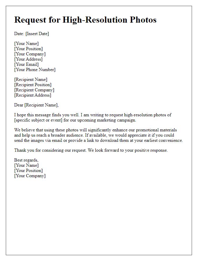 Letter template of request for high-resolution photos for marketing purposes.