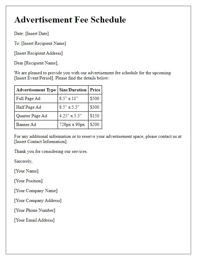 Letter template of advertisement fee schedule.