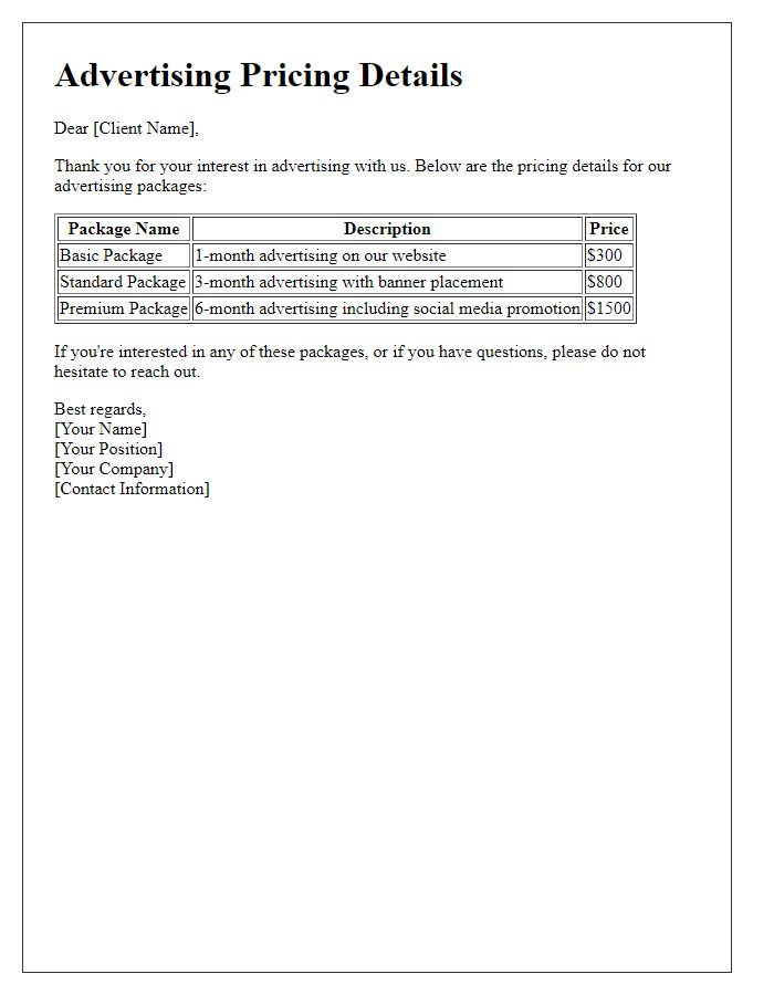 Letter template of advertising pricing details.