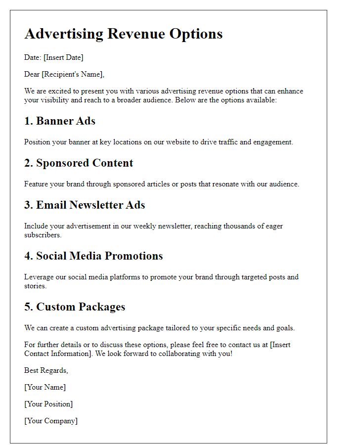 Letter template of advertising revenue options.