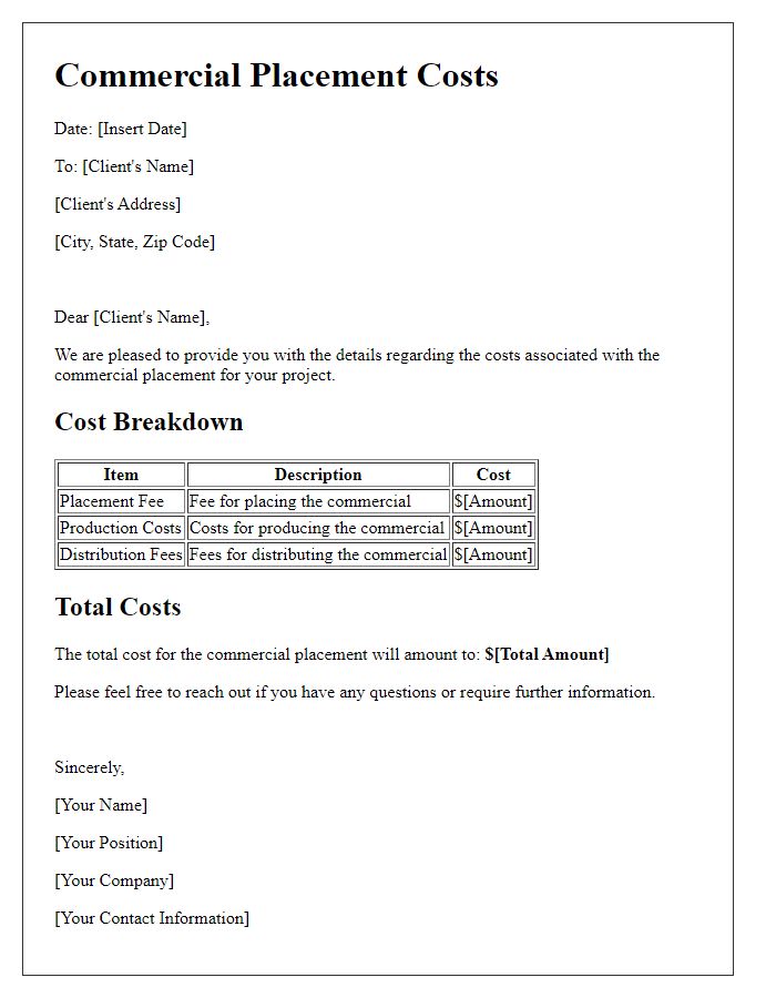 Letter template of commercial placement costs.