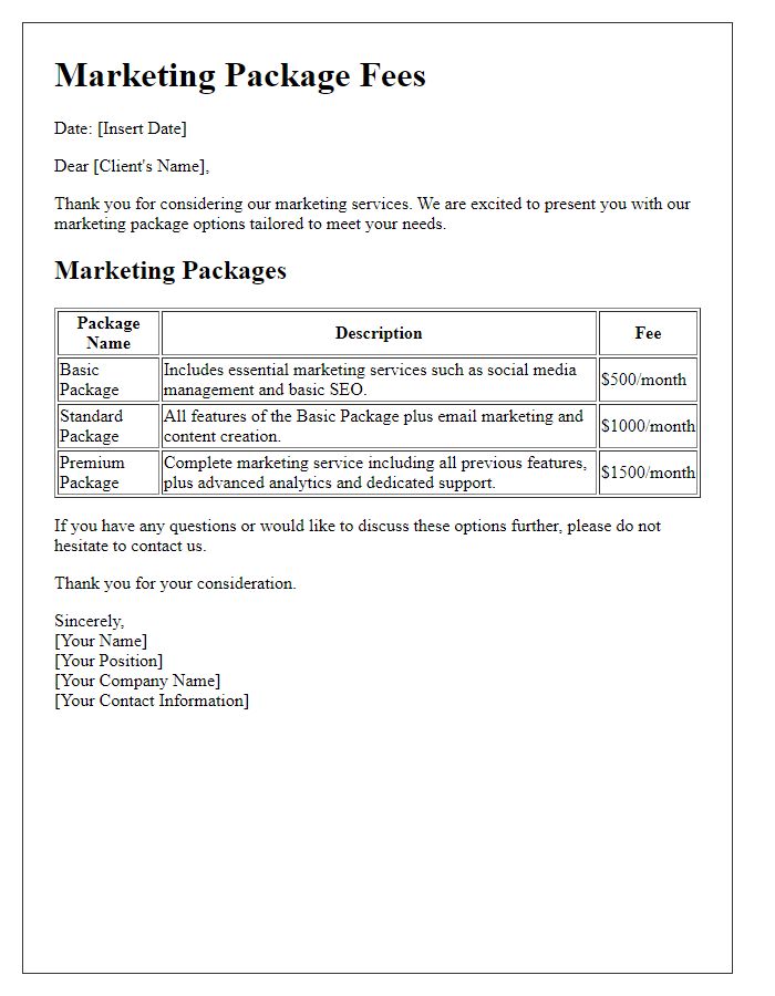 Letter template of marketing package fees.