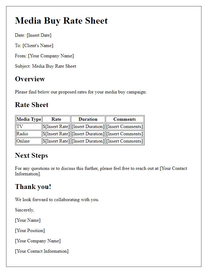 Letter template of media buy rate sheet.