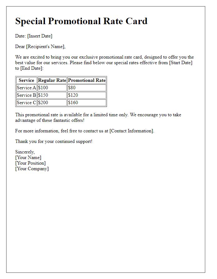 Letter template of promotional rate card.