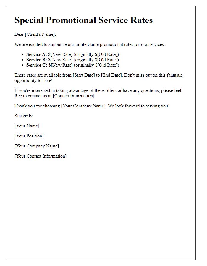 Letter template of promotional service rates.