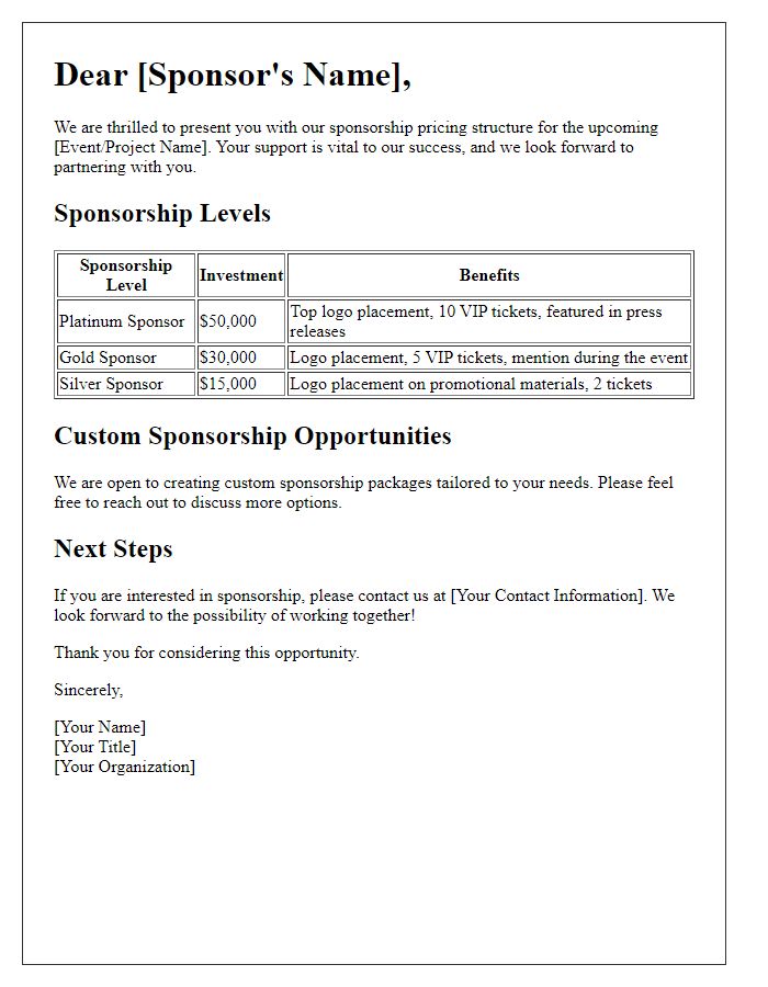 Letter template of sponsorship pricing structure.