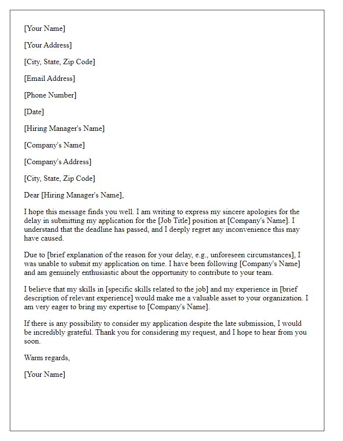 Letter template of late job application with sincere apologies.