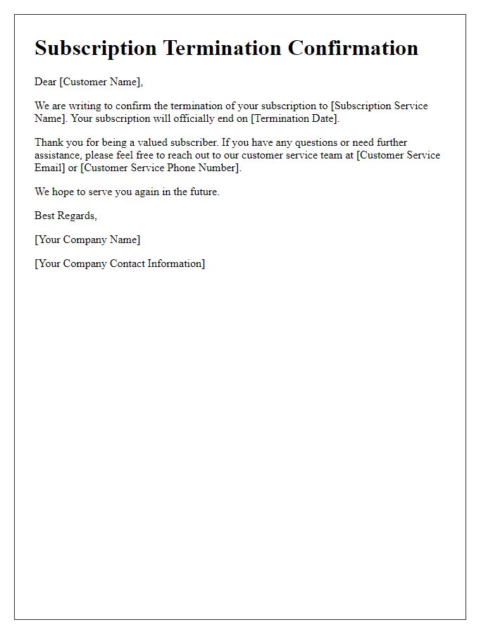 Letter template of subscription termination confirmation.