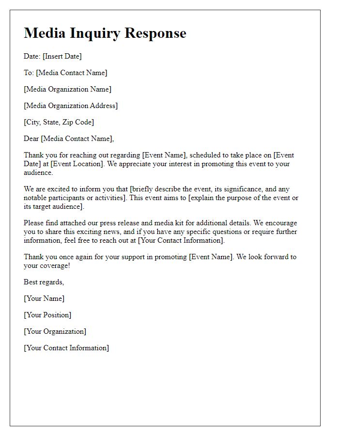 Letter template of media inquiry response for event promotion.