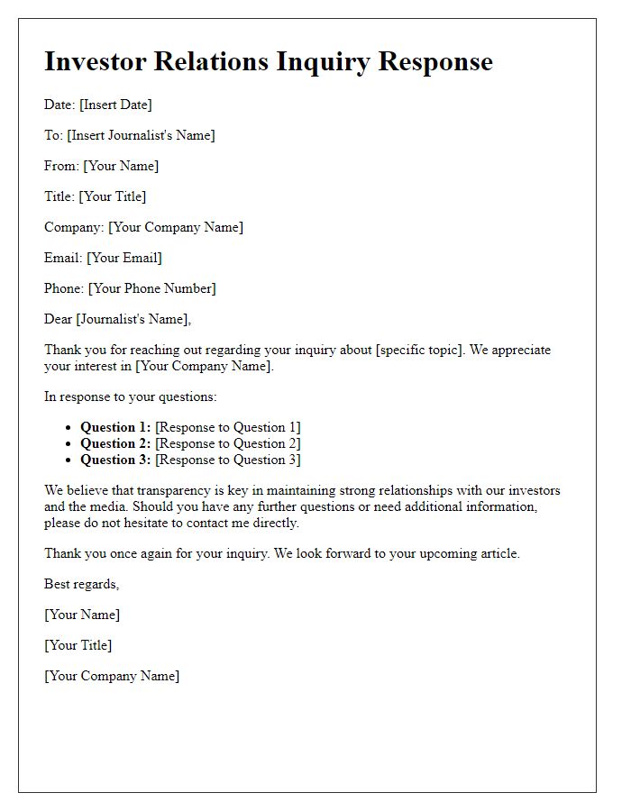 Letter template of media inquiry response for investor relations.