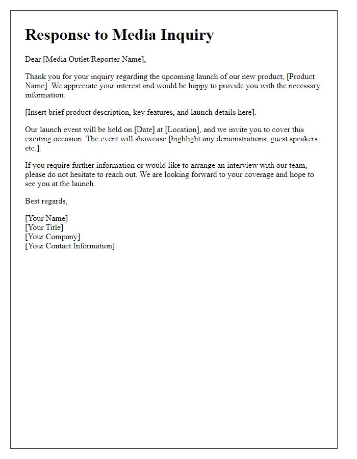 Letter template of media inquiry response for product launch.