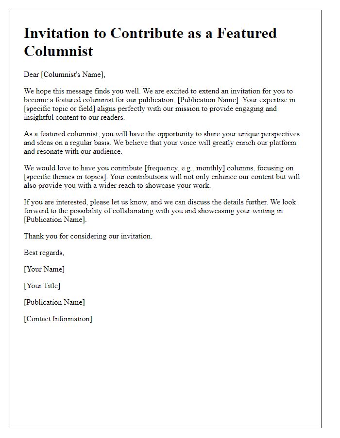 Letter template of invitation for featured columnist writings.