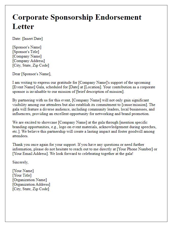 Letter template of corporate sponsorship endorsement for gala.