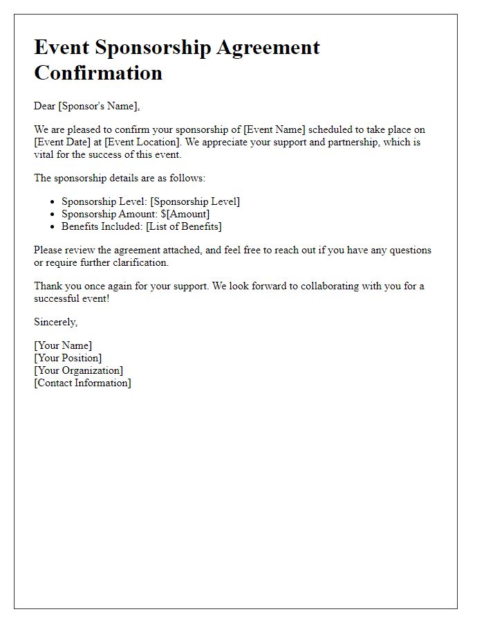 Letter template of event sponsorship agreement confirmation.