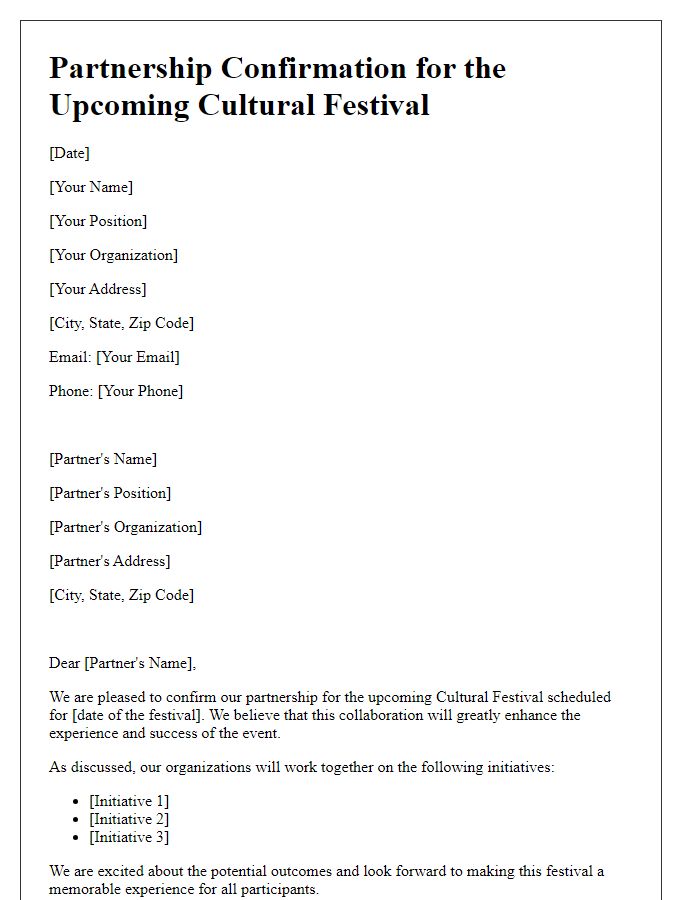 Letter template of partnership confirmation for cultural festival.