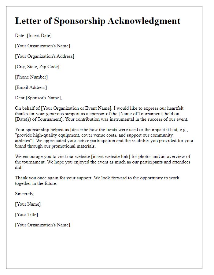 Letter template of sponsorship acknowledgment for sports tournament.