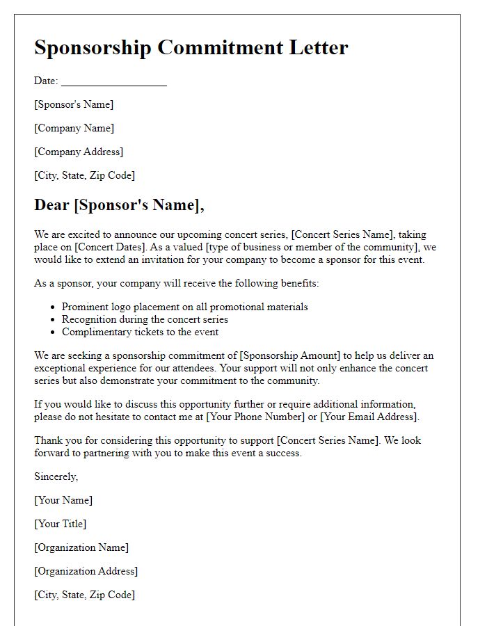 Letter template of sponsorship commitment for concert series.