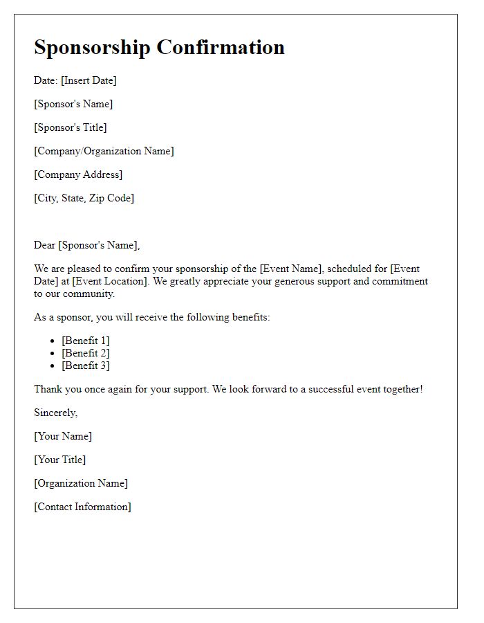 Letter template of sponsorship confirmation for community event.