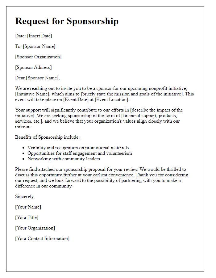 Letter template of sponsorship notice for nonprofit initiative.