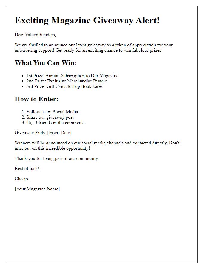 Letter template of an exciting magazine giveaway announcement.