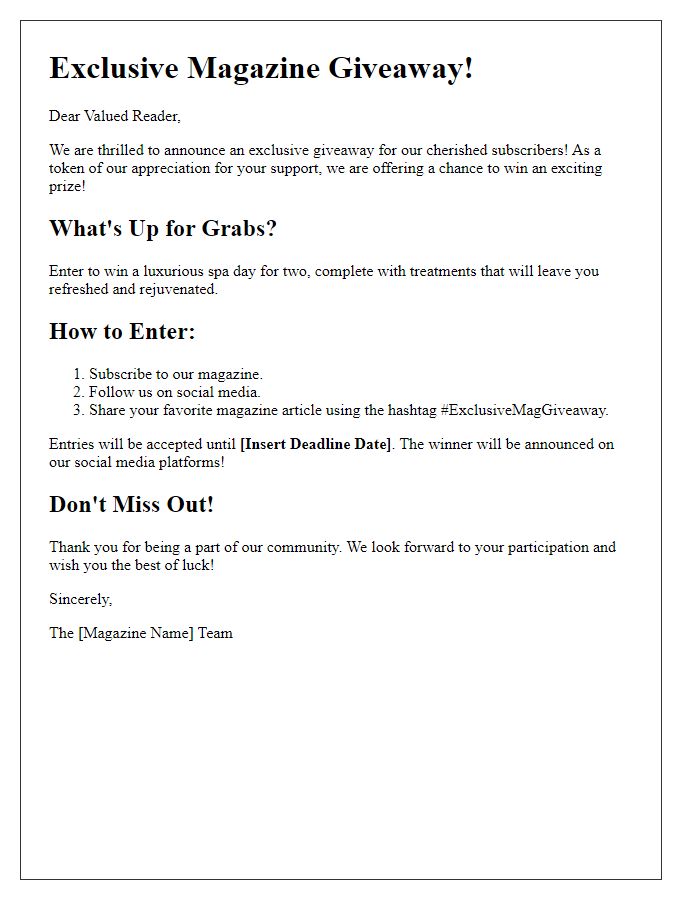 Letter template of an exclusive magazine promotional giveaway.