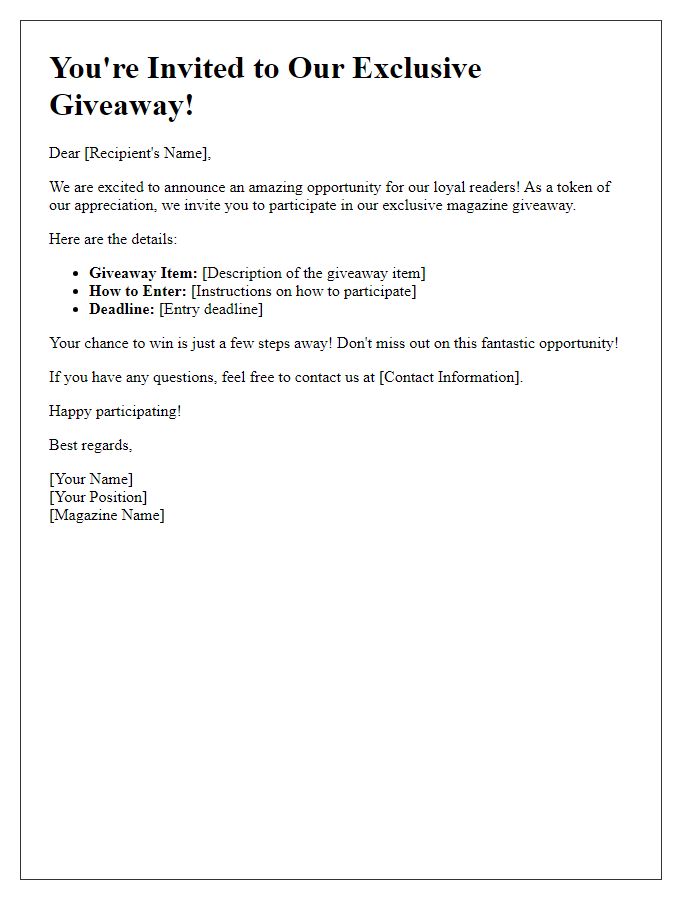 Letter template of a magazine giveaway participation invitation.