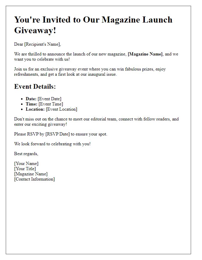 Letter template of a magazine launch giveaway event.