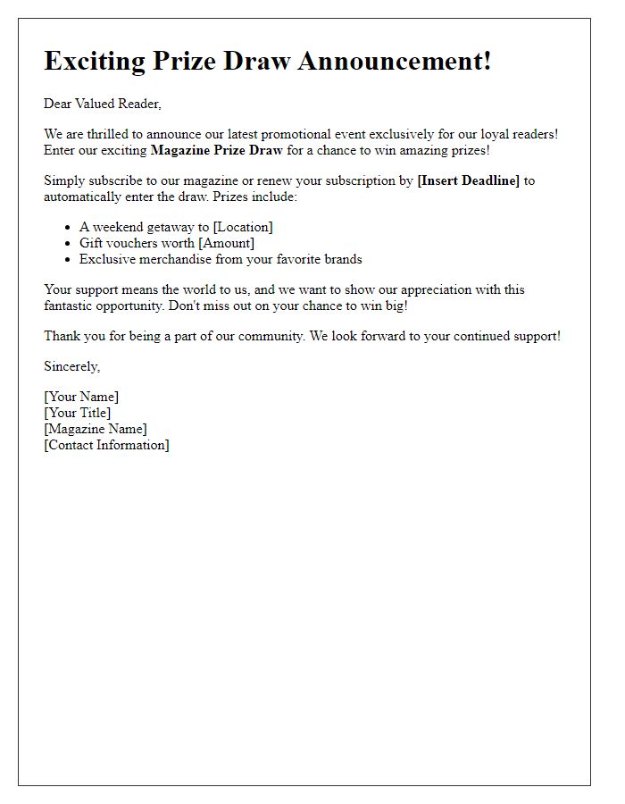 Letter template of a promotional letter for magazine prize draw.