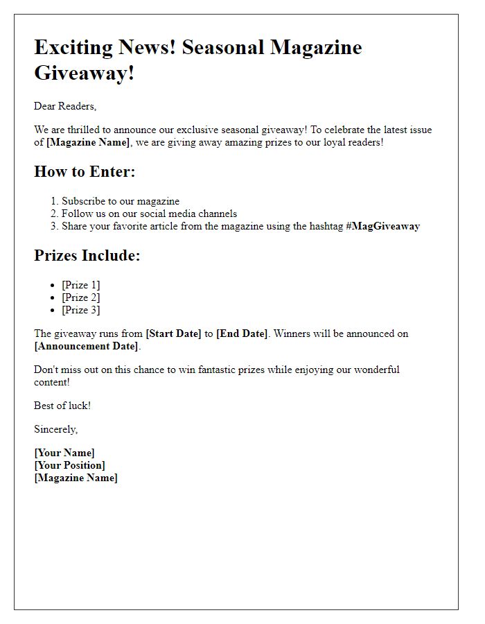 Letter template of a seasonal magazine giveaway announcement.