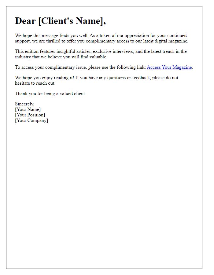 Letter template of providing complimentary digital magazine access to clients.