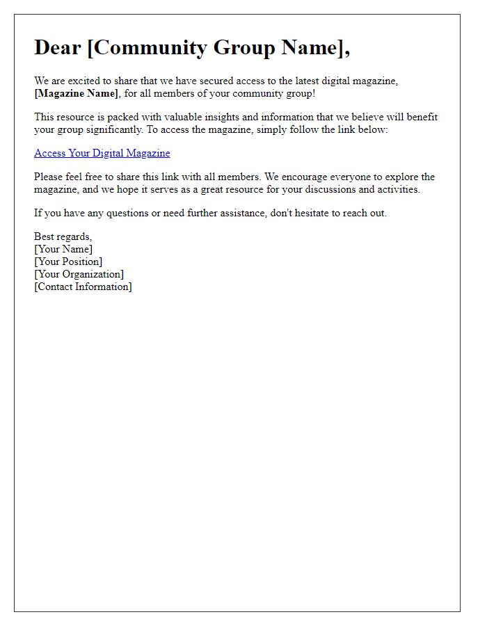 Letter template of sharing digital magazine access with a community group.