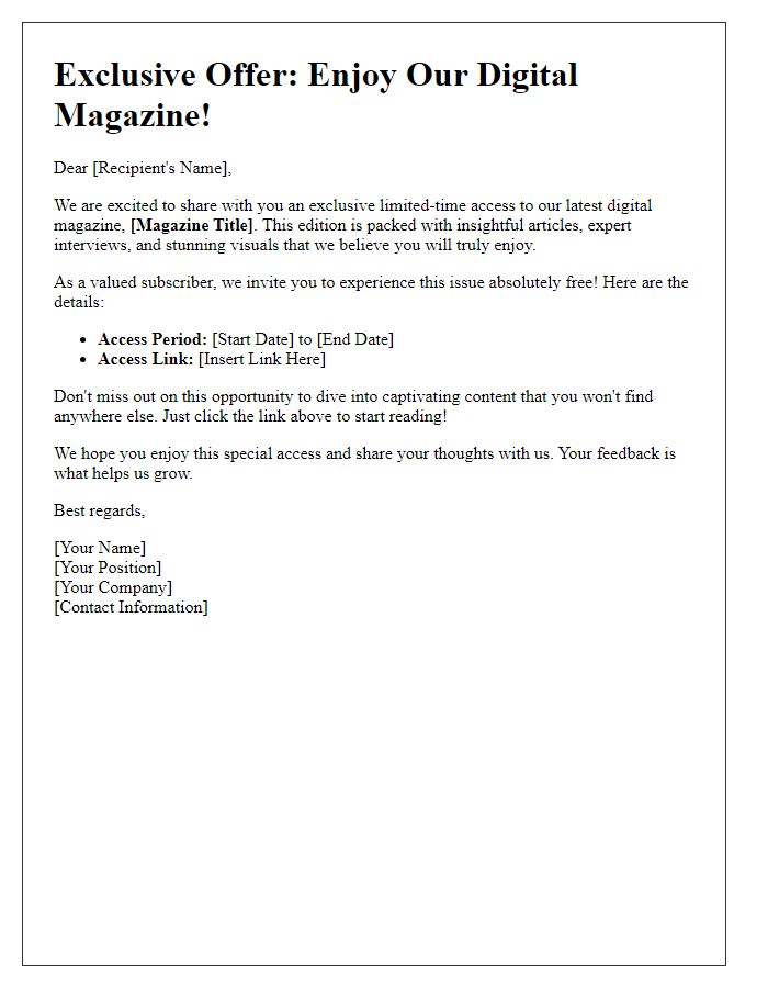 Letter template of sharing limited-time digital magazine access for promotions.