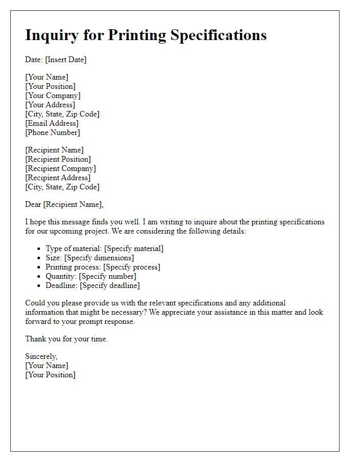 Letter template of inquiry for printing specifications.