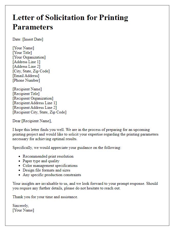 Letter template of solicitation for printing parameters.