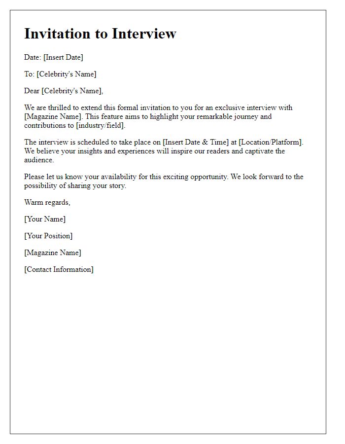 Letter template of formal invitation for a celebrity magazine interview.