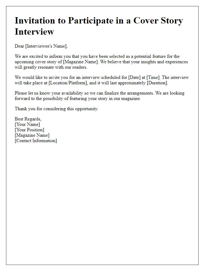 Letter template of invitation for a cover story magazine interview.