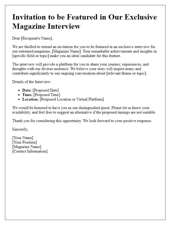 Letter template of invitation for an exclusive magazine feature interview.