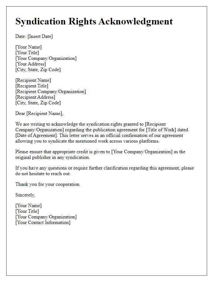 Letter template of syndication rights acknowledgment for publication agreements.