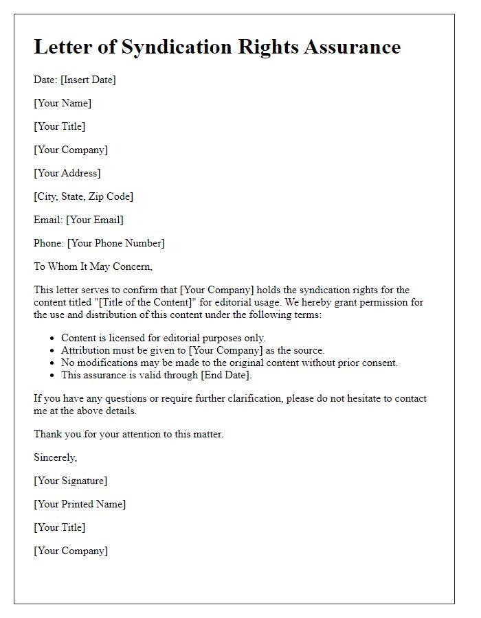 Letter template of syndication rights assurance for editorial usage.