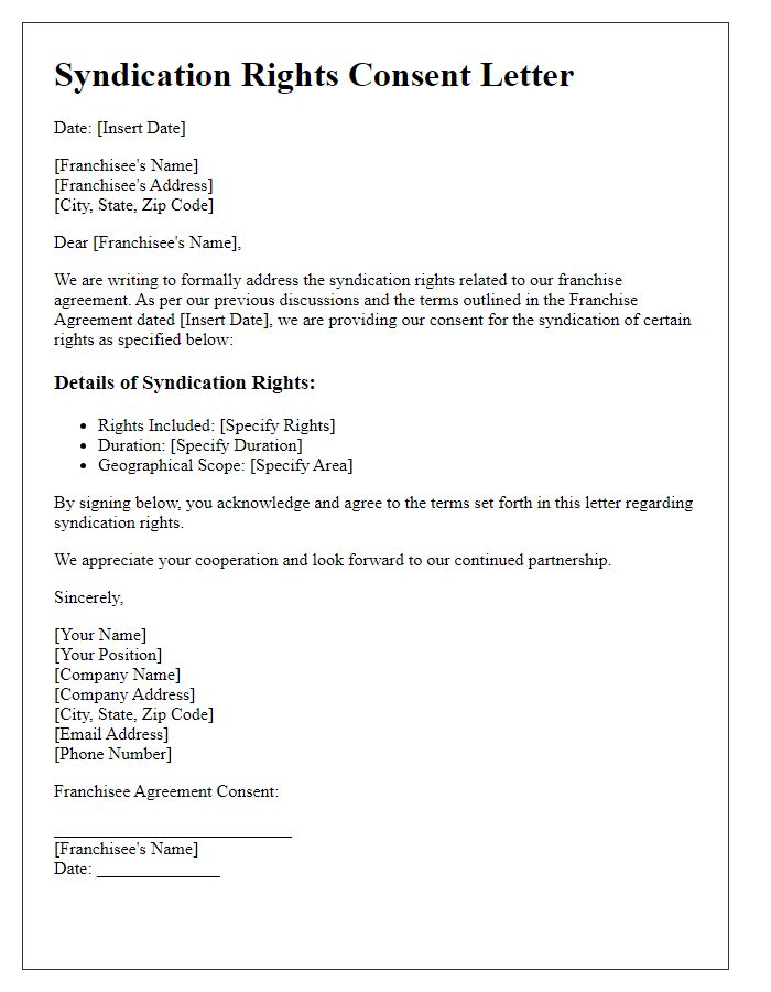 Letter template of syndication rights consent for franchise agreements.