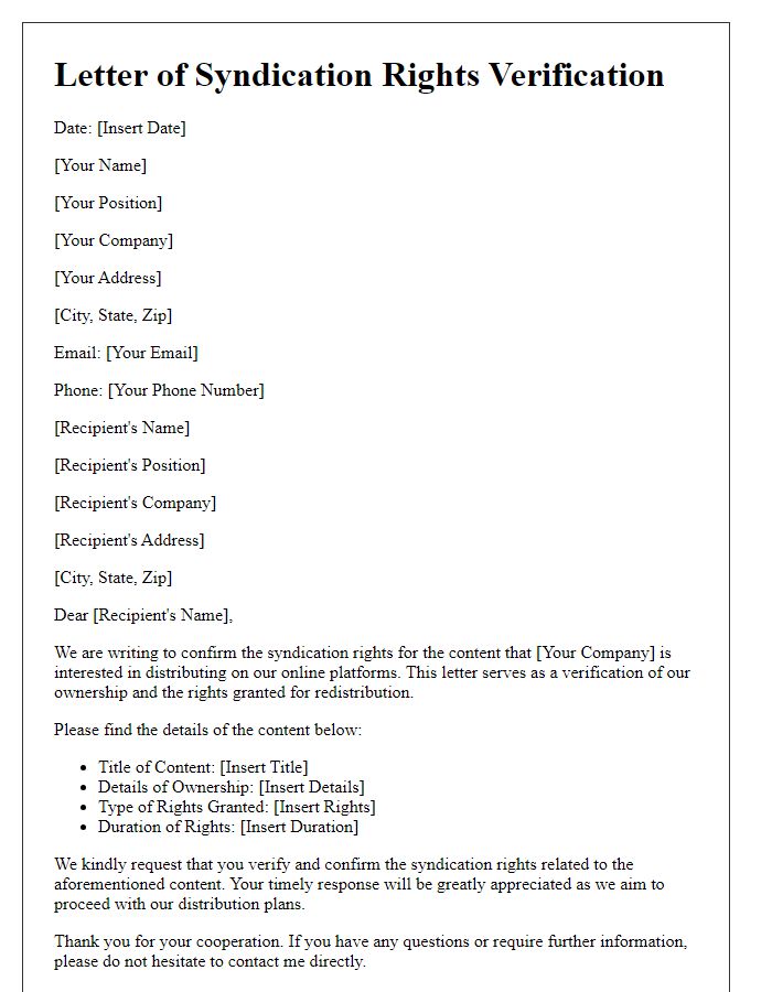 Letter template of syndication rights verification for online platforms.