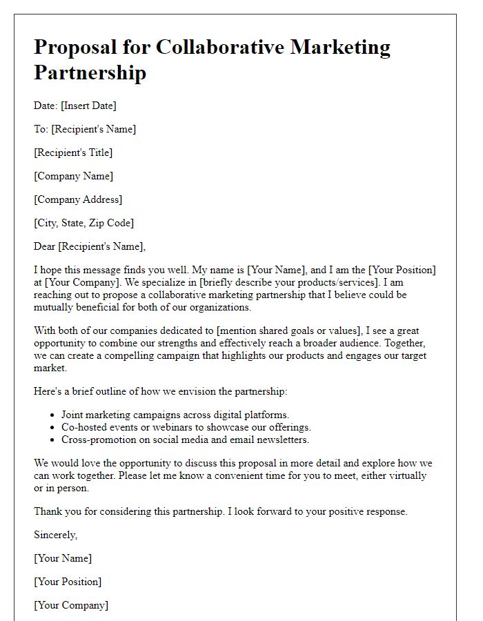 Letter template of proposal for collaborative marketing partnership.