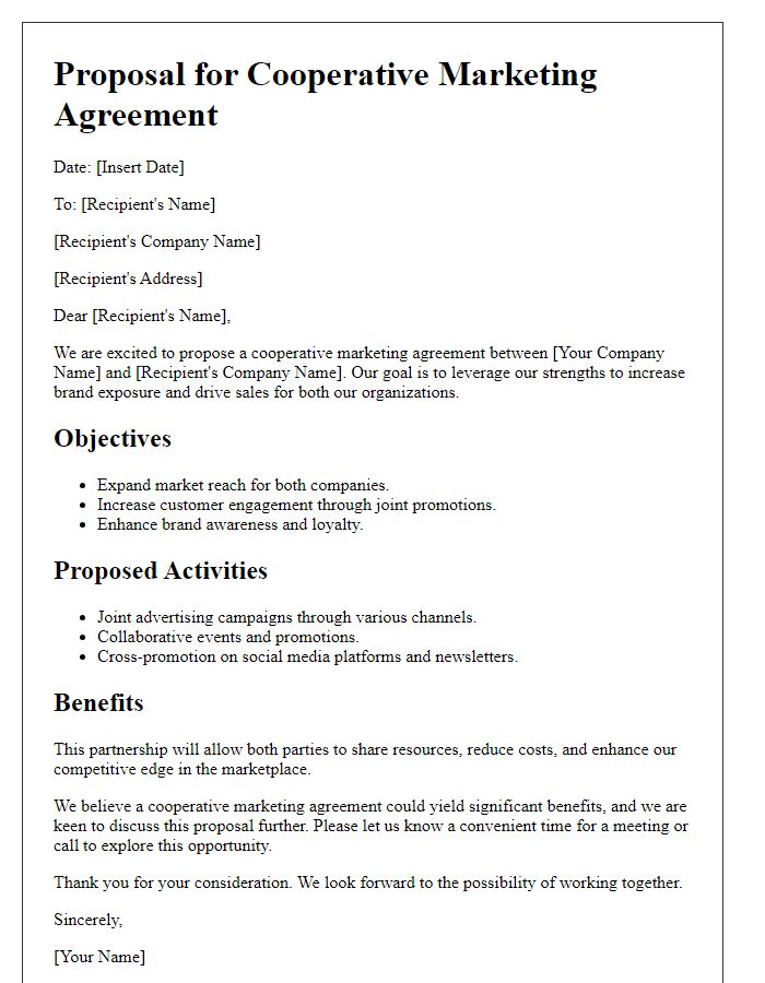 Letter template of proposal for cooperative marketing agreement.