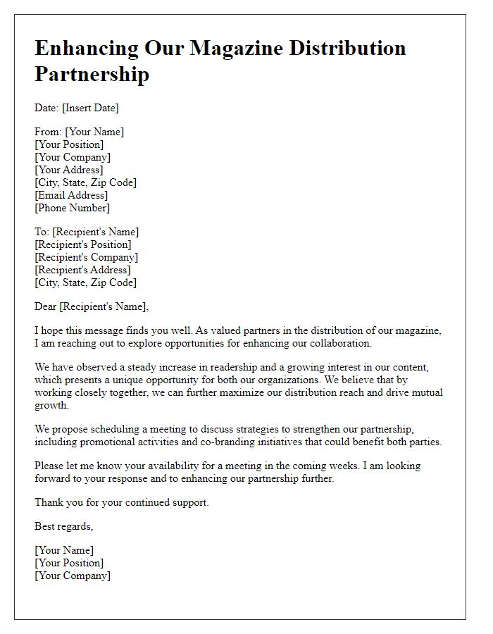 Letter template of enhancing magazine distribution partnerships.