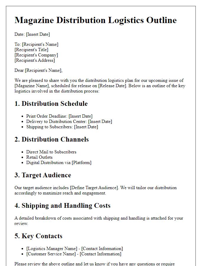 Letter template of outlining magazine distribution logistics.