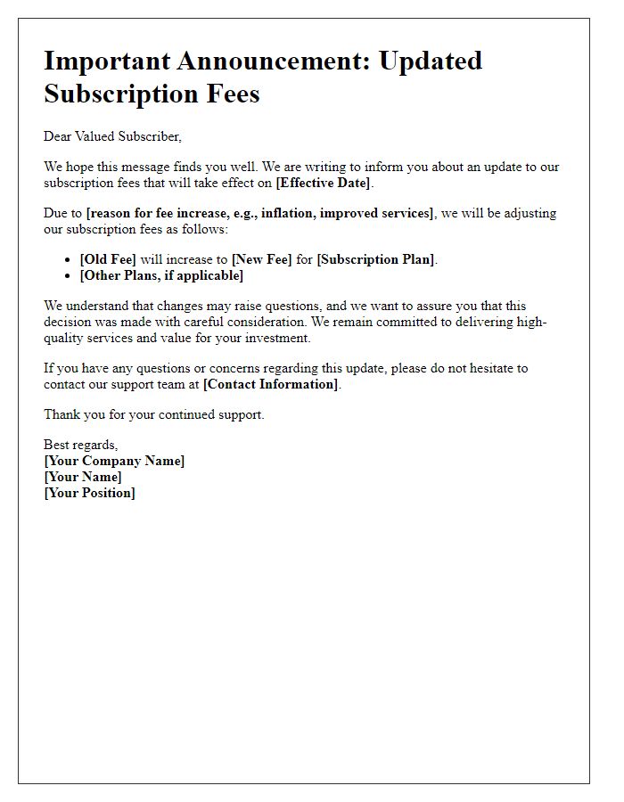 Letter template of announcement for updated subscription fees.