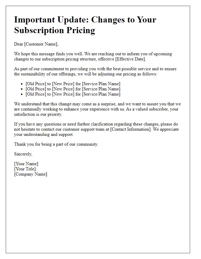 Letter template of changes to subscription pricing structure.